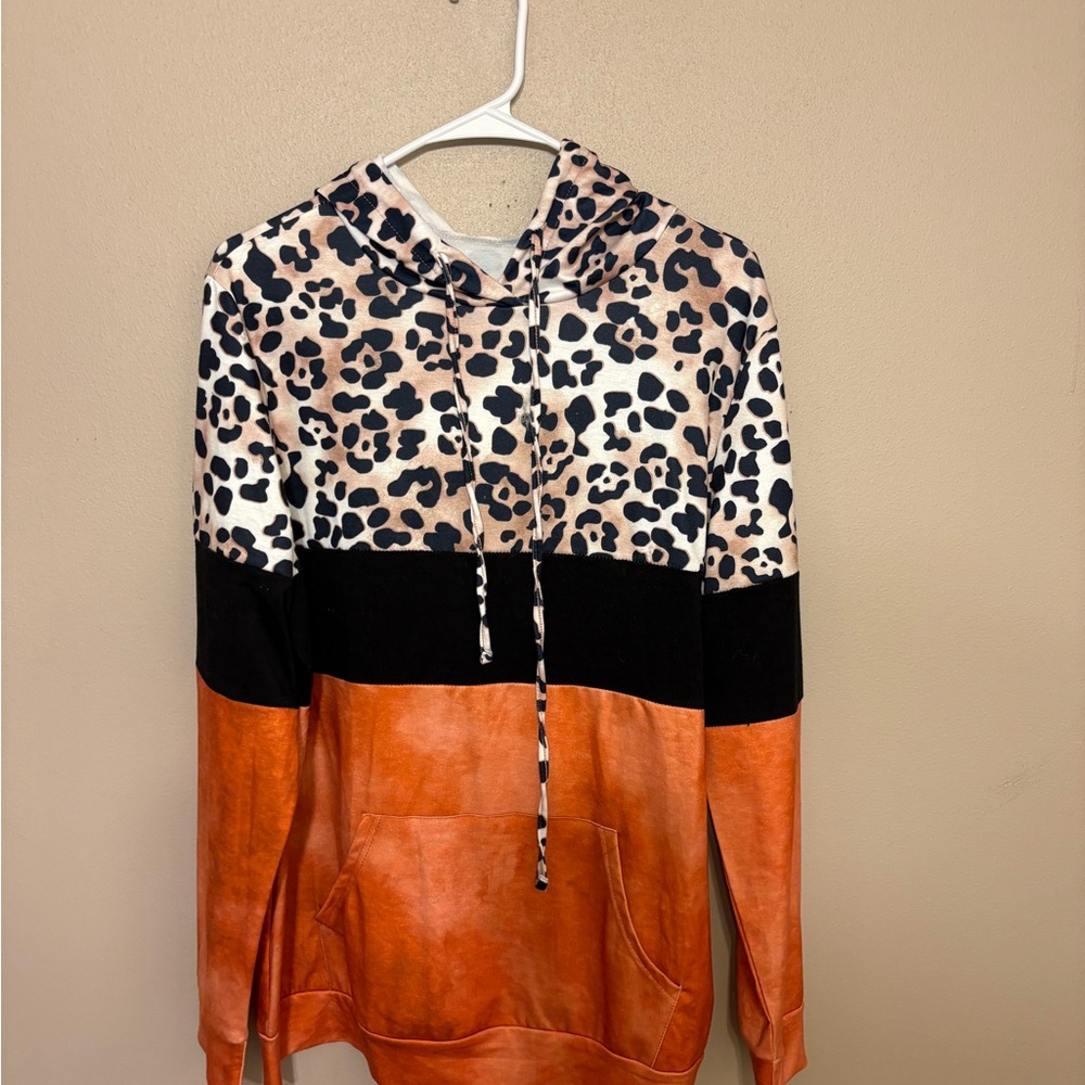 Leopard Print and Orange Colorblock Hoodie